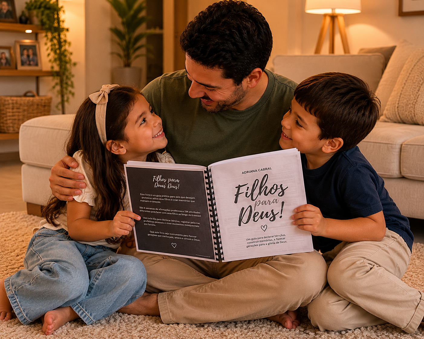 Pai lendo Filhos para Deus com os filhos